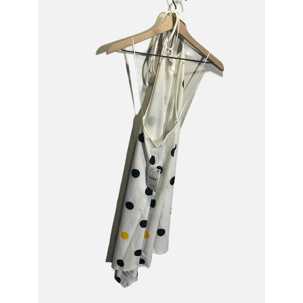 Zara Polka Dot Dress Womens Small White Yellow Halter Asymmetric Hem Summer Boho